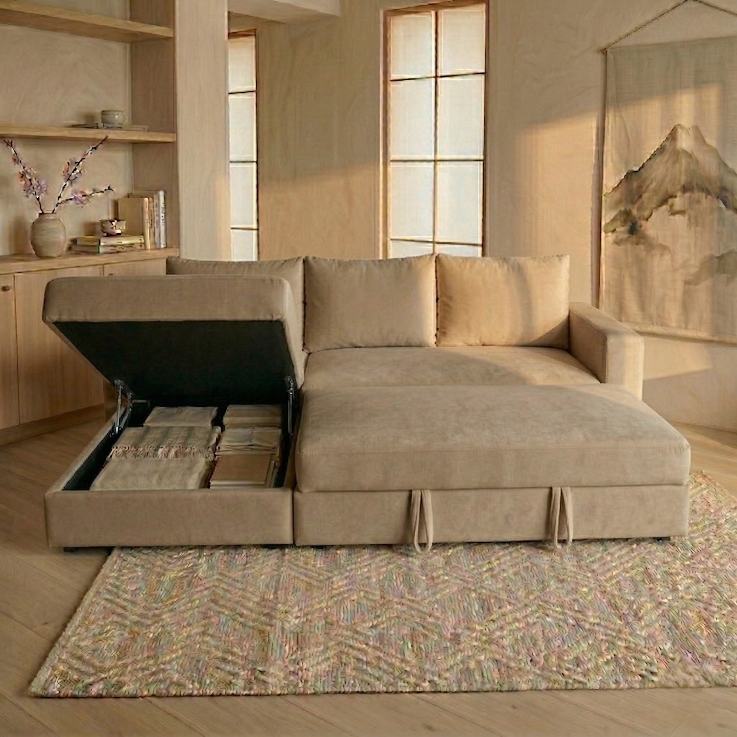 Sofá en L Cama + Baúl y Cojines Grandes