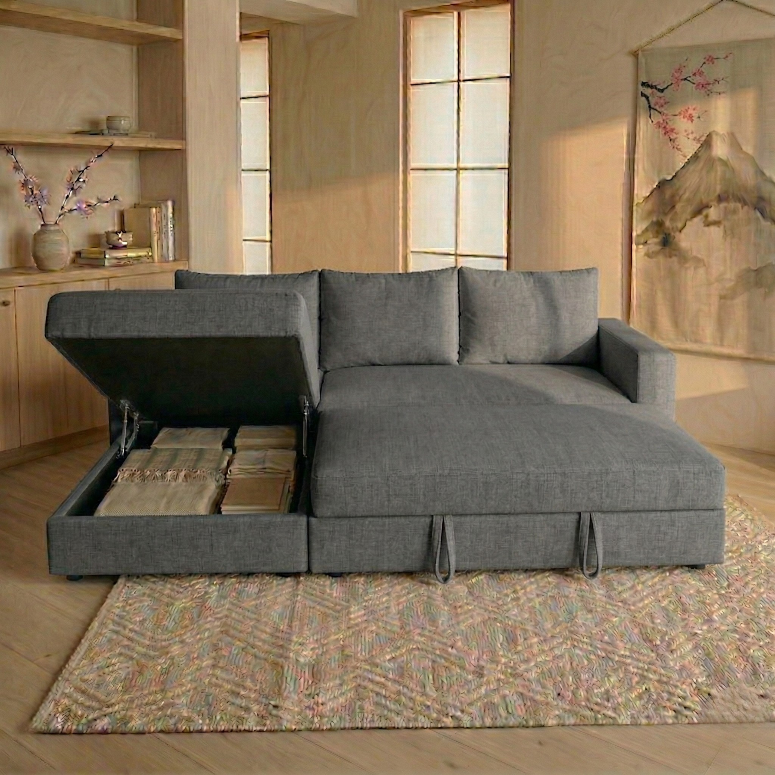 Sofá en L Cama + Baúl y Cojines Grandes