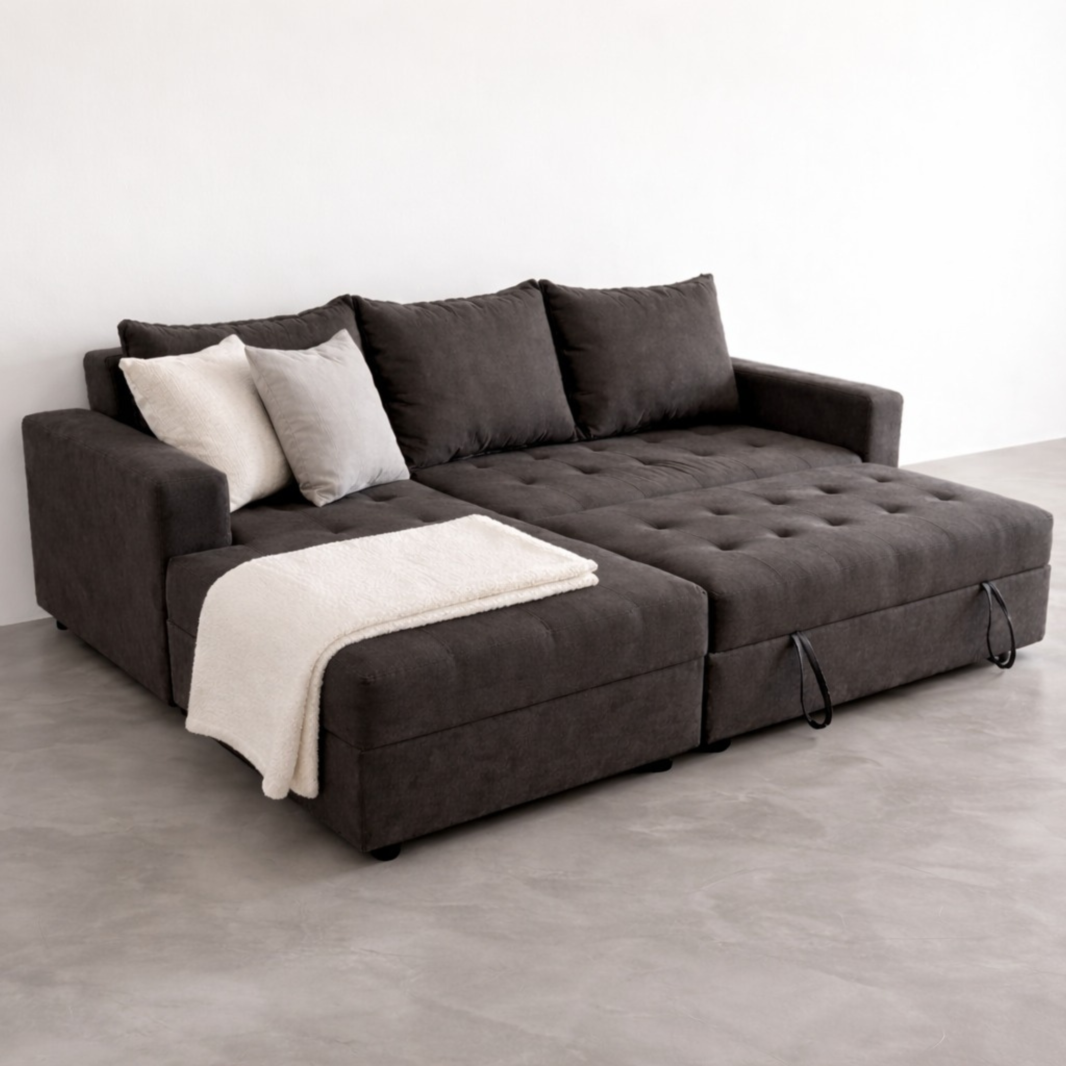 Sofá en L Cama + Baúl y Cojines Grandes