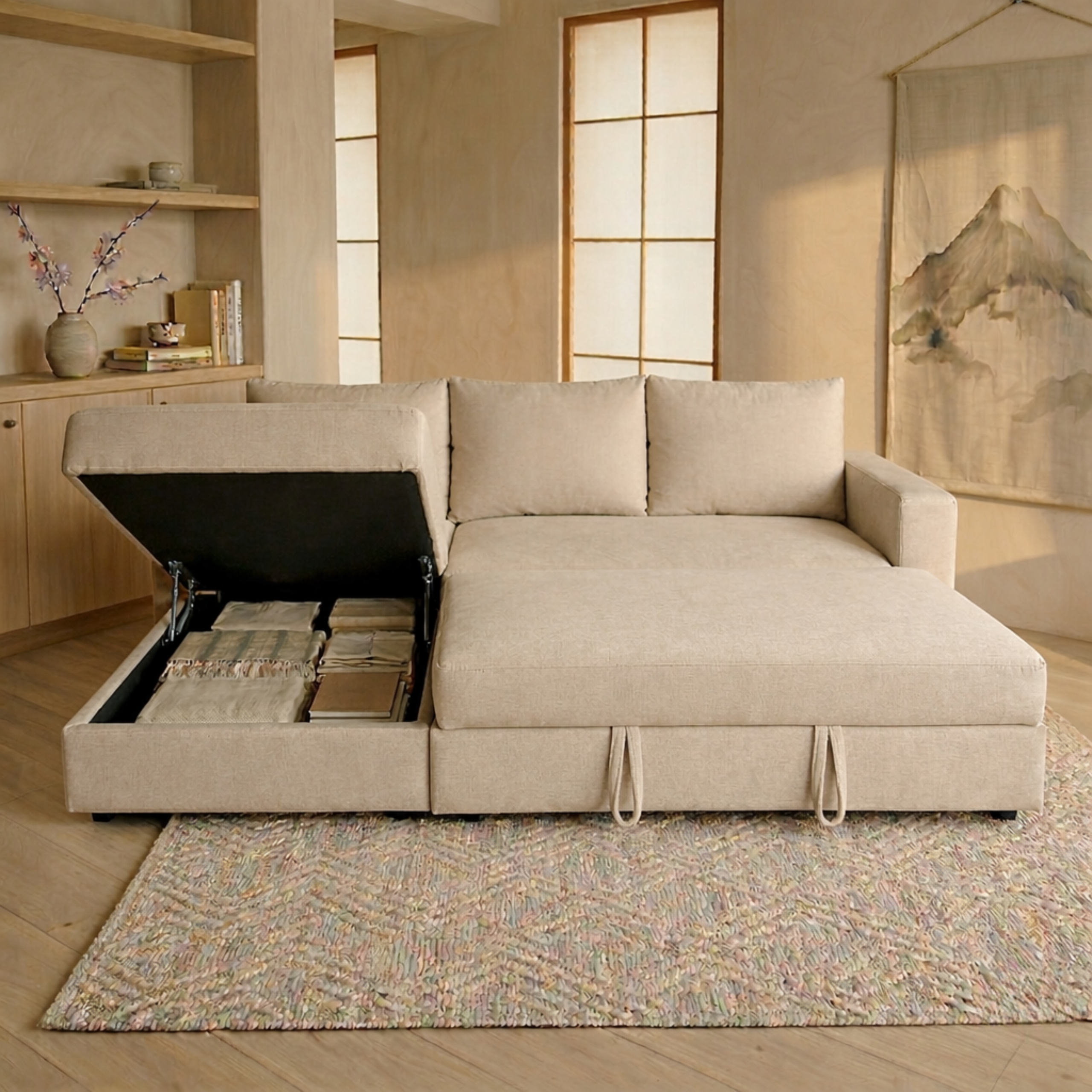 Sofá en L Cama + Baúl y Cojines Grandes