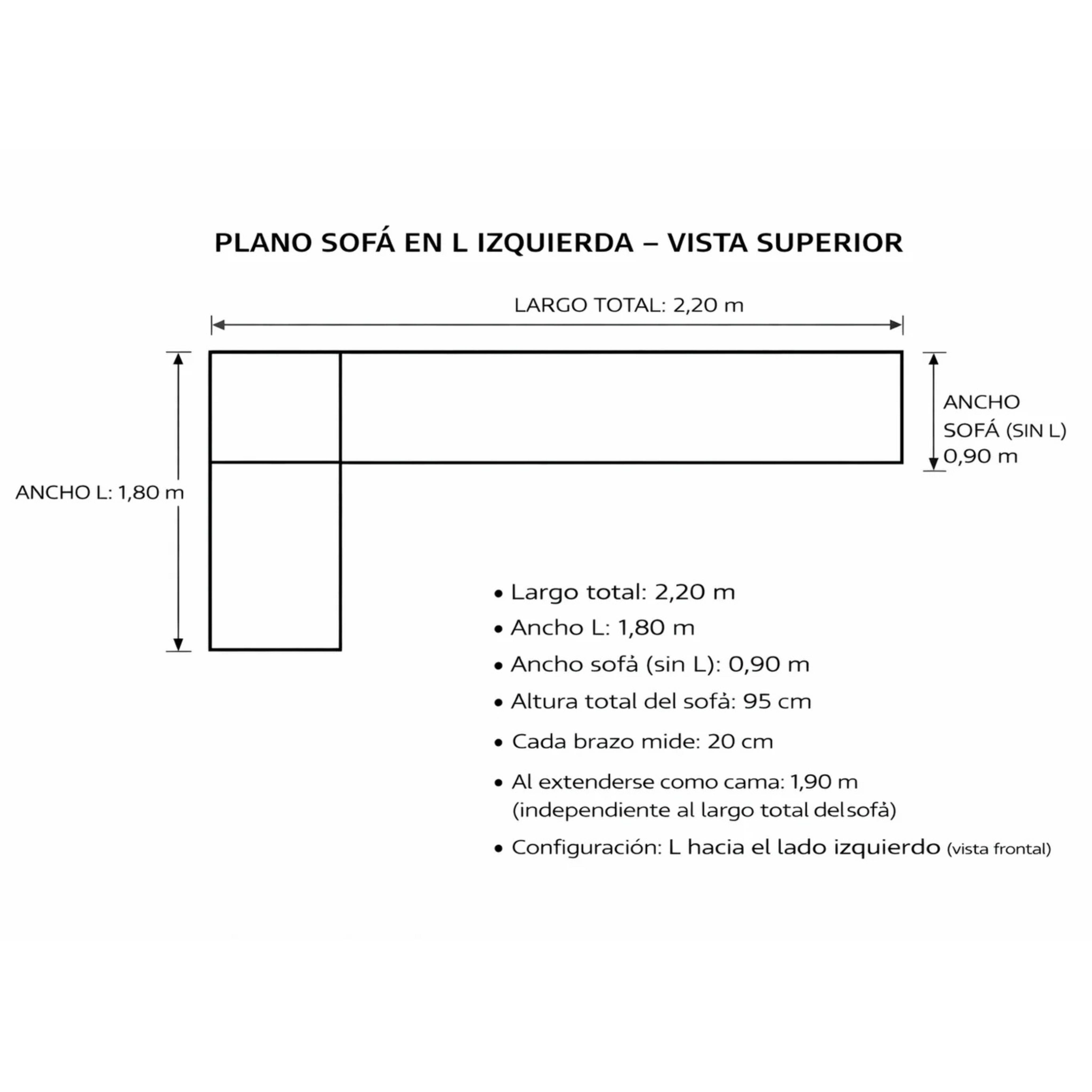 Sofá en L Cama + Baúl y Cojines Grandes