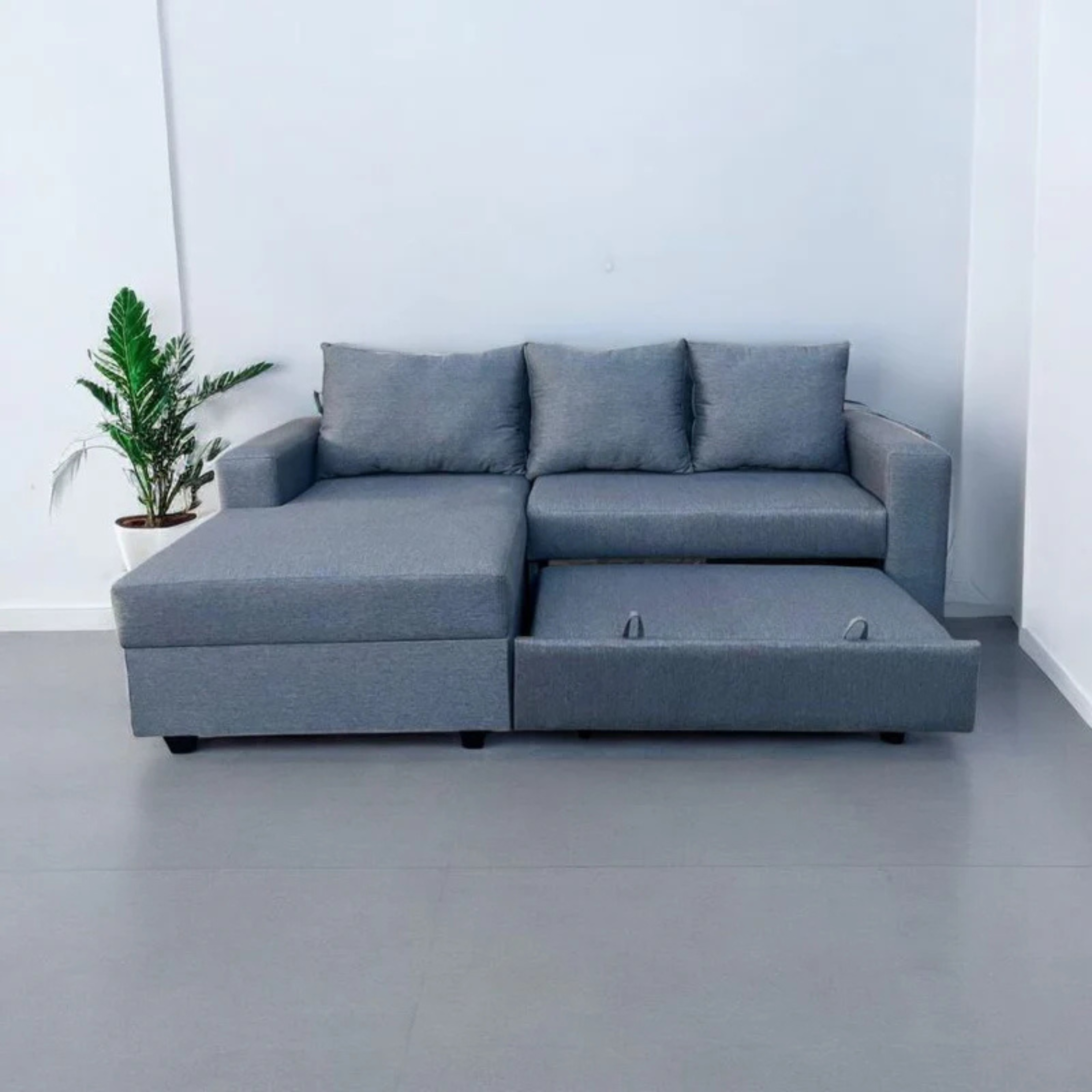 Sofá en L Cama + Baúl y Cojines Grandes