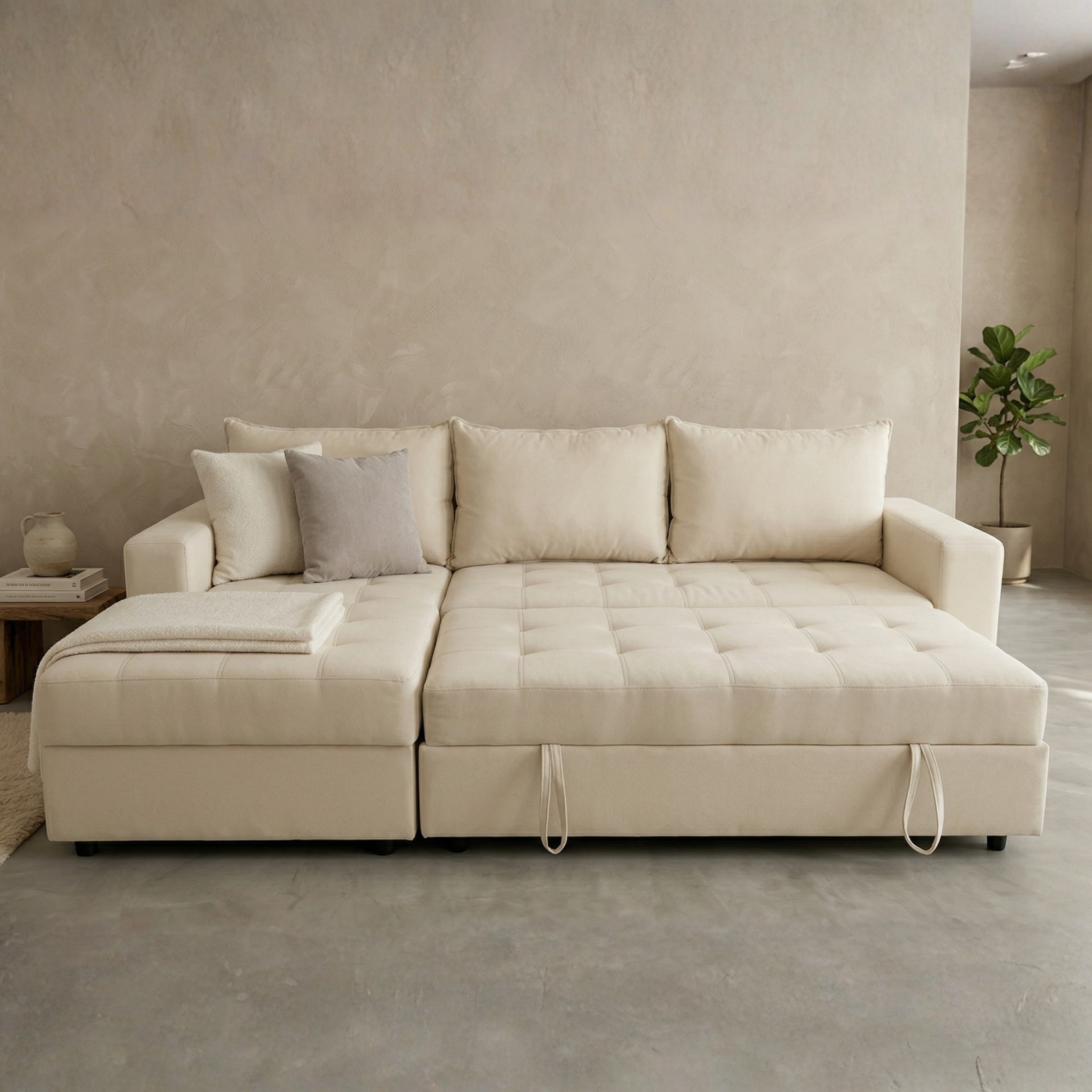 Sofá en L Cama + Baúl y Cojines Grandes