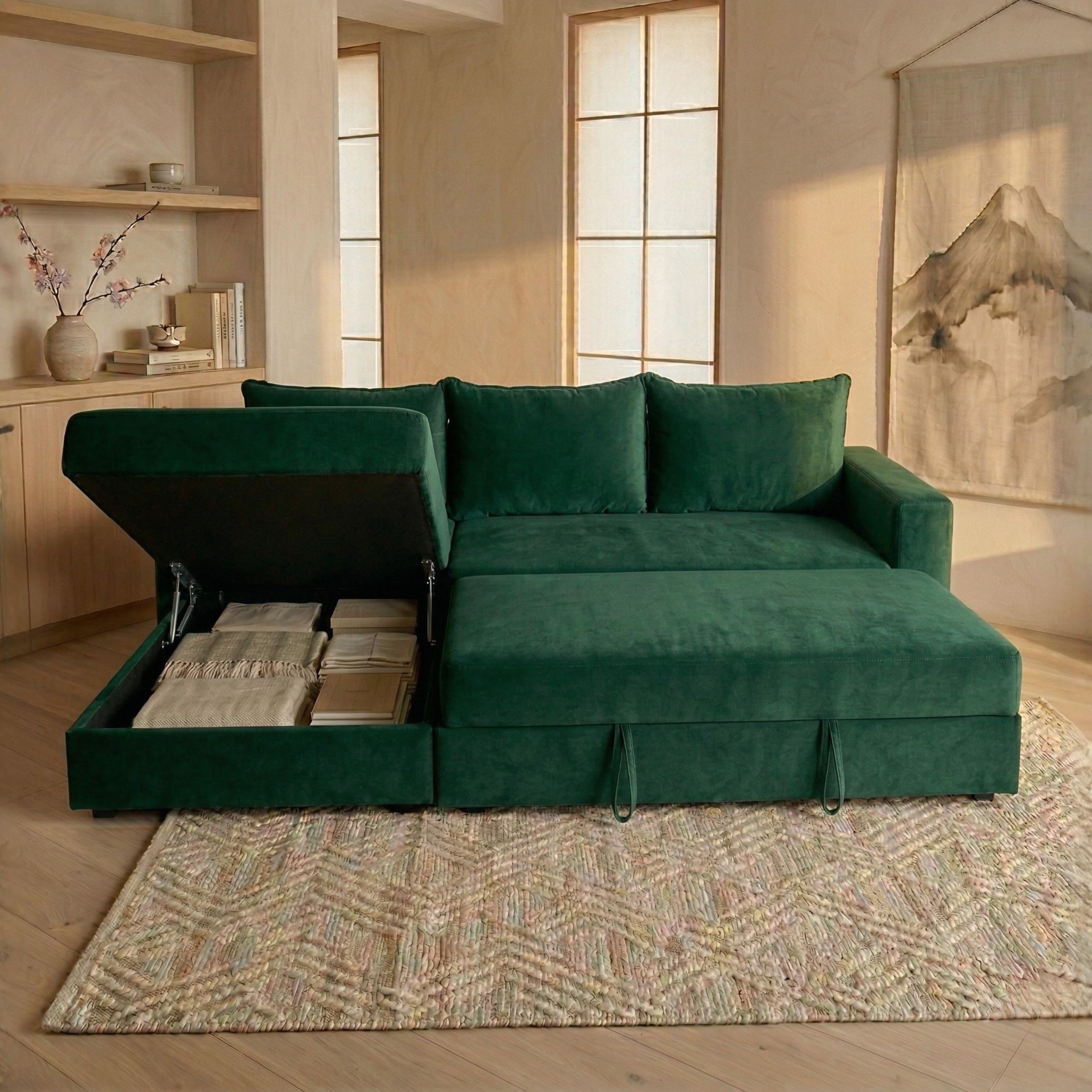 Sofá en L Cama + Baúl y Cojines Grandes