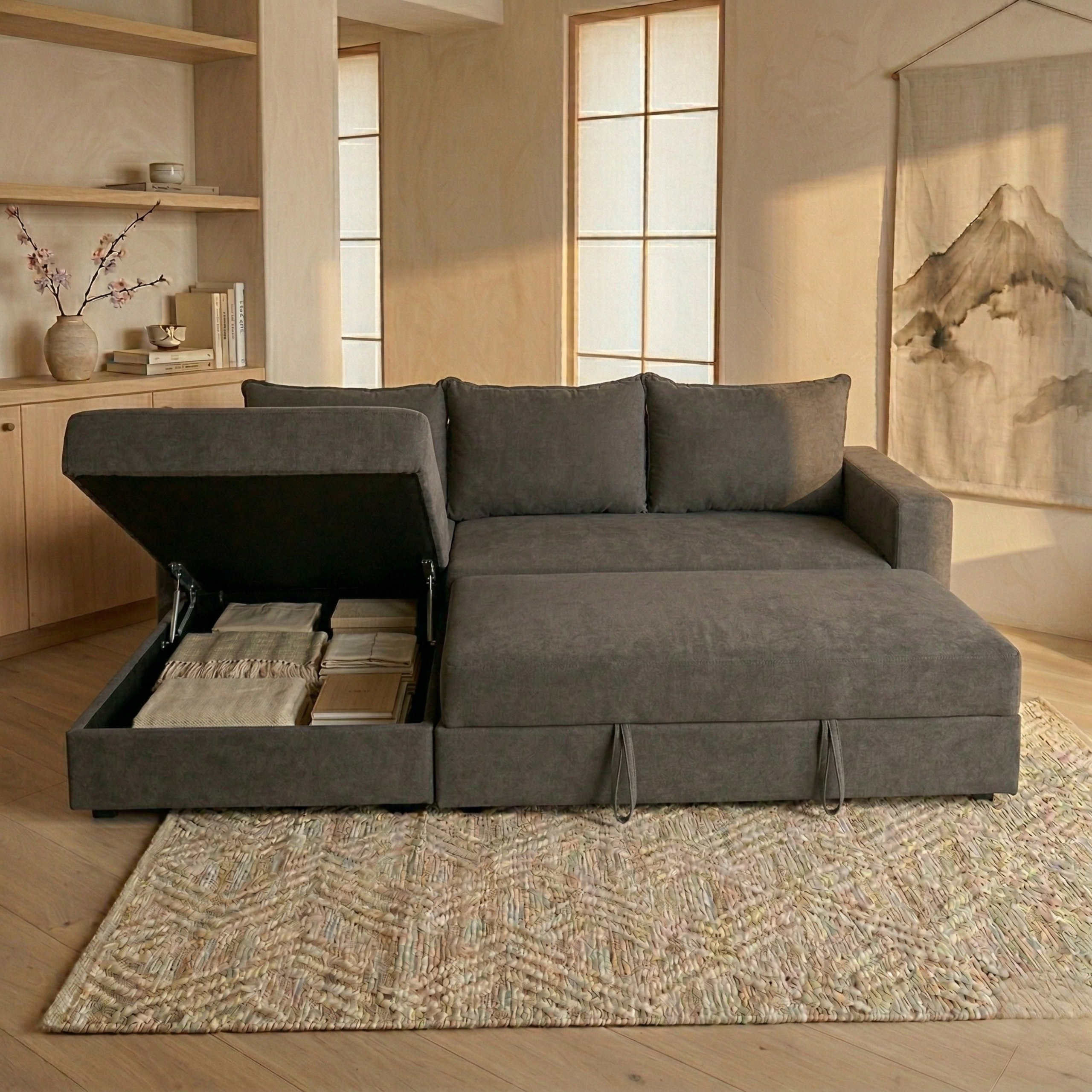 Sofá en L Cama + Baúl y Cojines Grandes