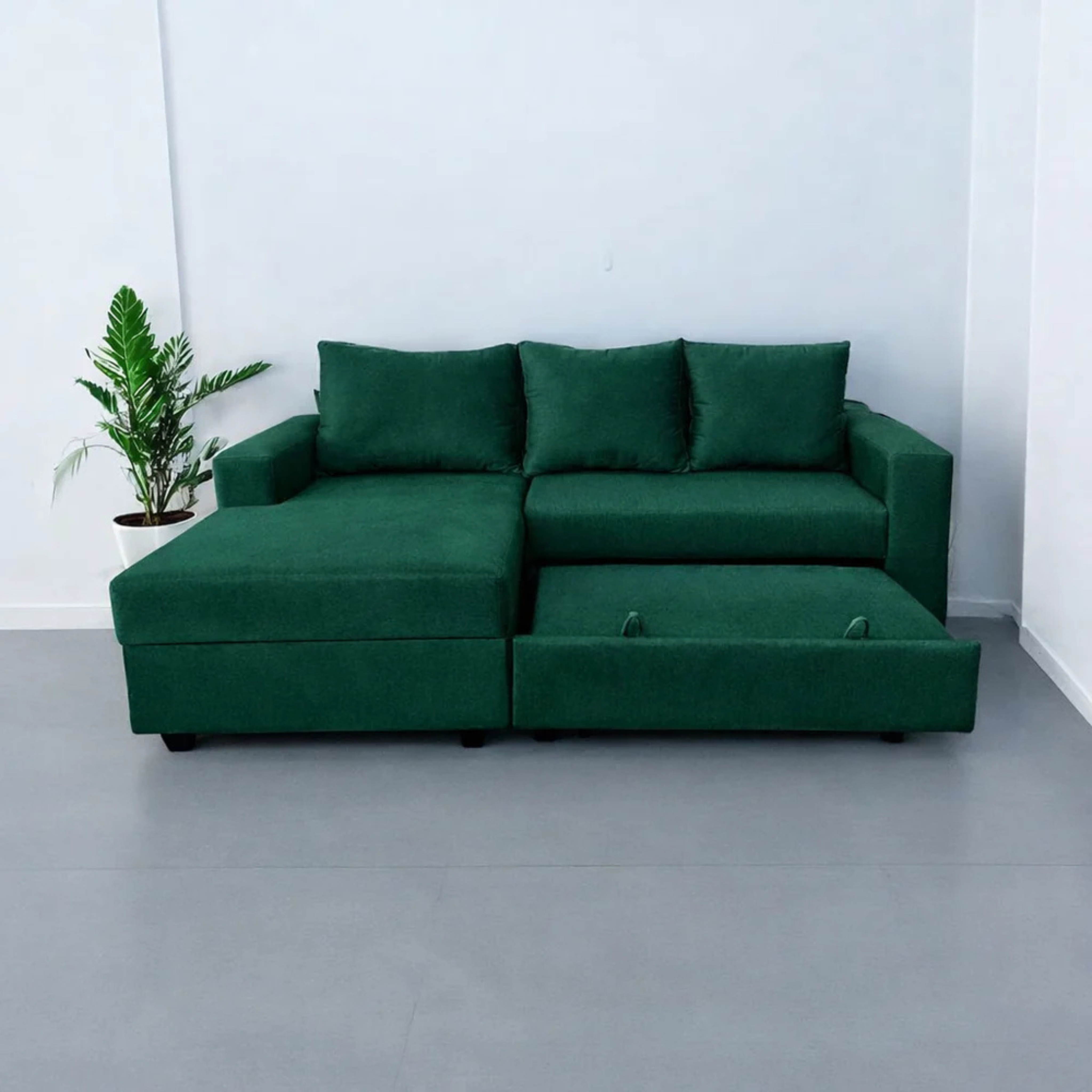 Sofá en L Cama + Baúl y Cojines Grandes